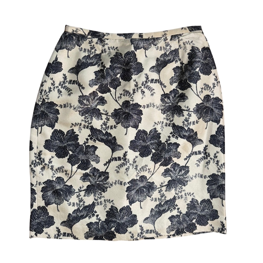 Ann Taylor Silk Floral Pencil Skirt Cream Black Jacquard Size 2 Vintage Style